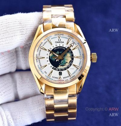 AAA Quality Omega Aqua Terra Worldtimer watch Yellow Gold Case